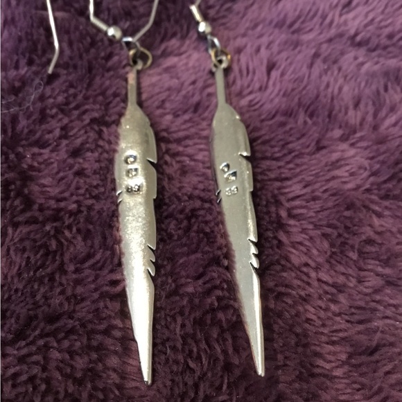 Vintage Native American 925 Arrow Feather Turquoise Dangle Earrings - Picture 3 of 15